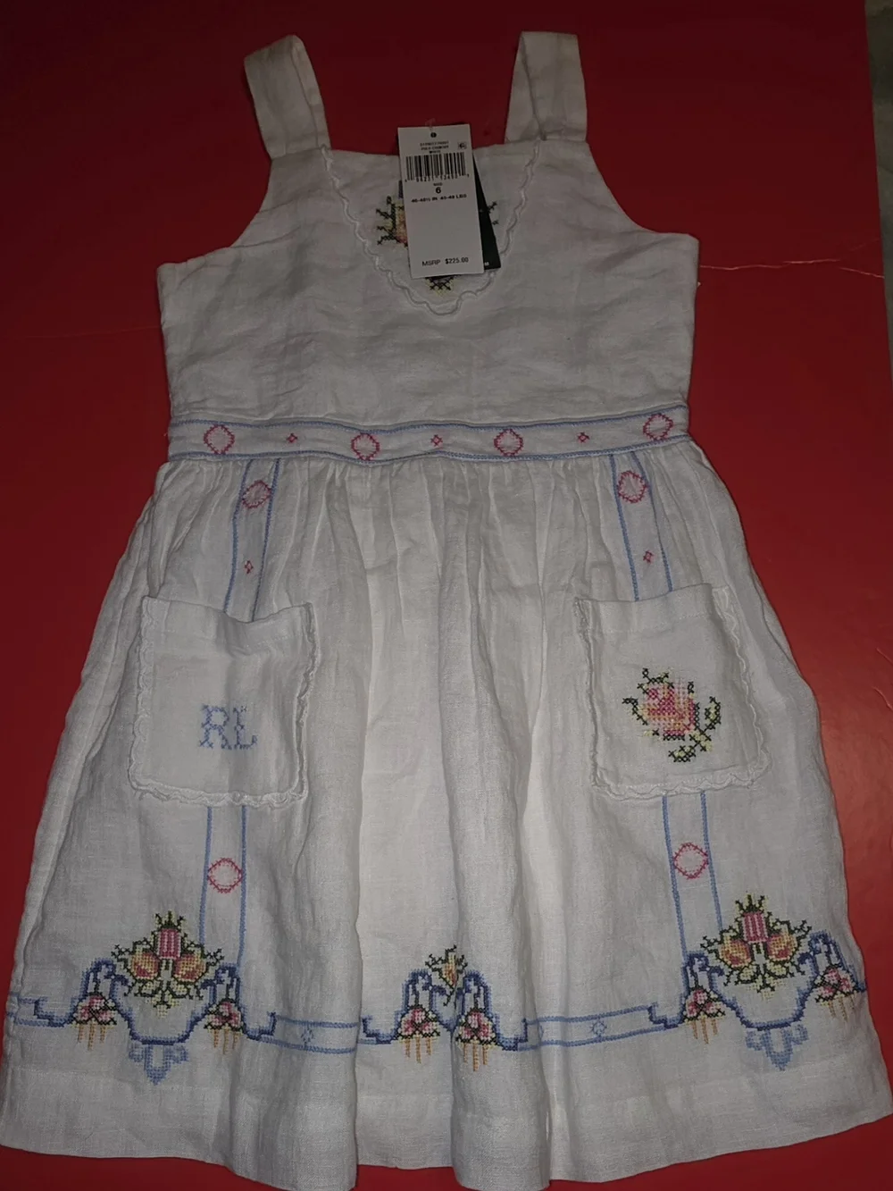 Ralph Lauren White Linen Dress with Multicolor Floral Embroidery Size 6 Girls